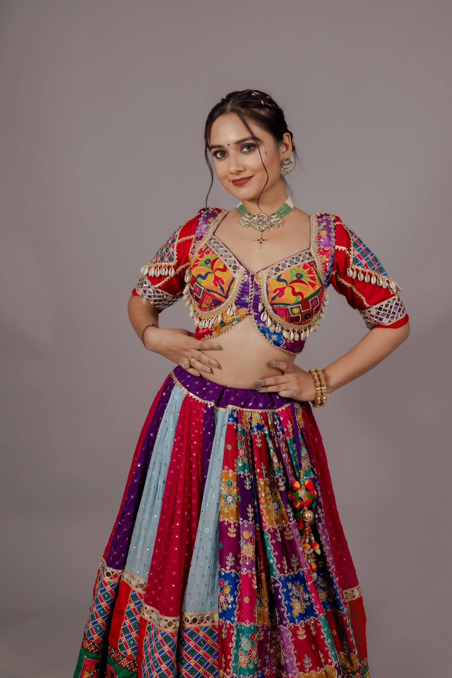 Multicolor Chiffon Chaniya Choli with Toran Border, Kachhi Work Blouse & Abhla Dupatta