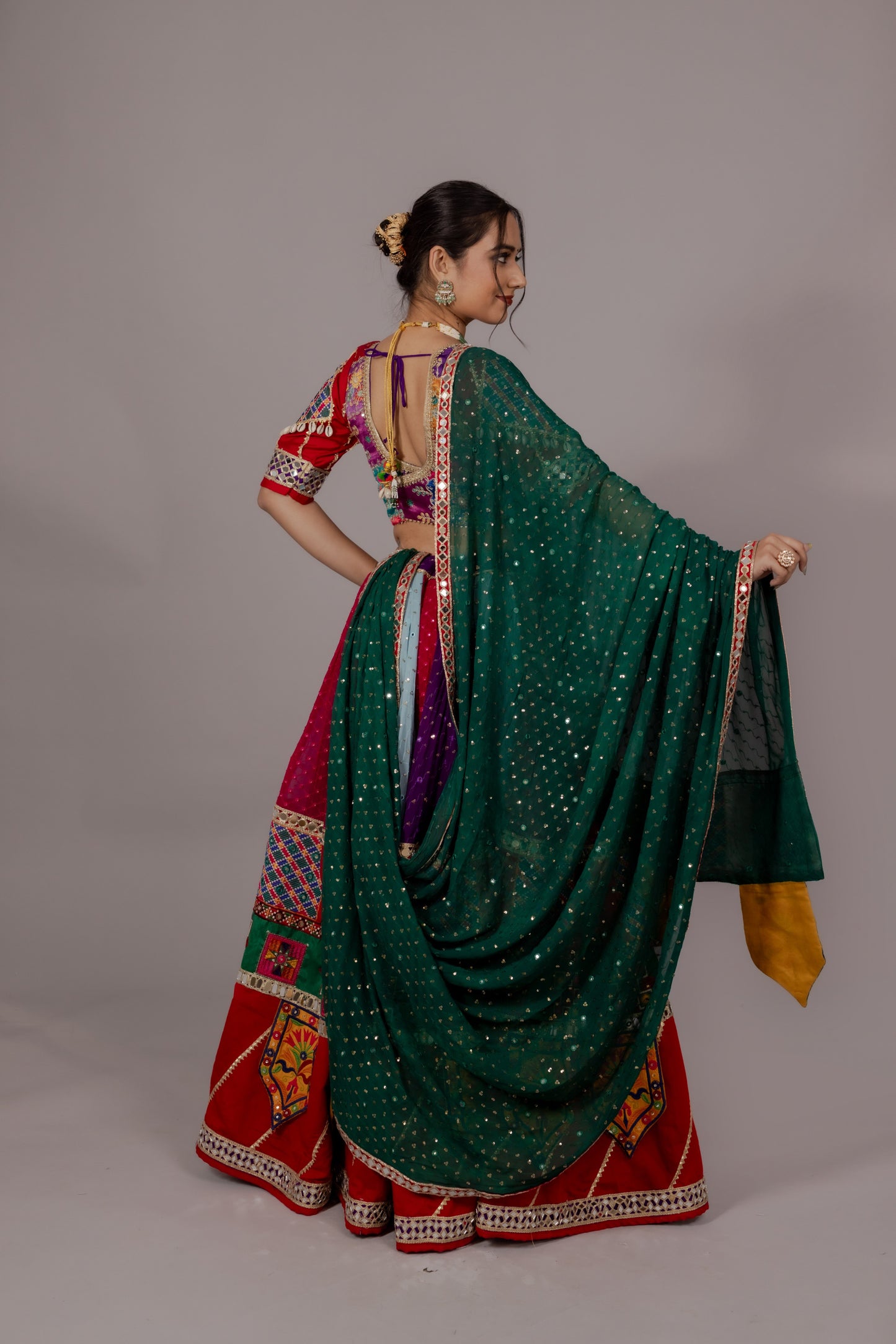 Multicolor Chiffon Chaniya Choli with Toran Border, Kachhi Work Blouse & Abhla Dupatta