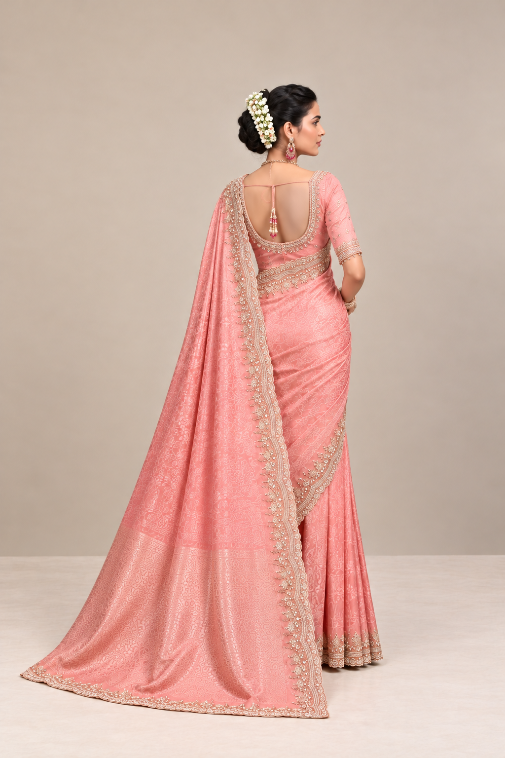 Peach Pink Floral Woven Silk Saree with Embellished Zari Border