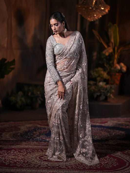 Silver Tissue Organza Saree with Jardosi & Kardana Work