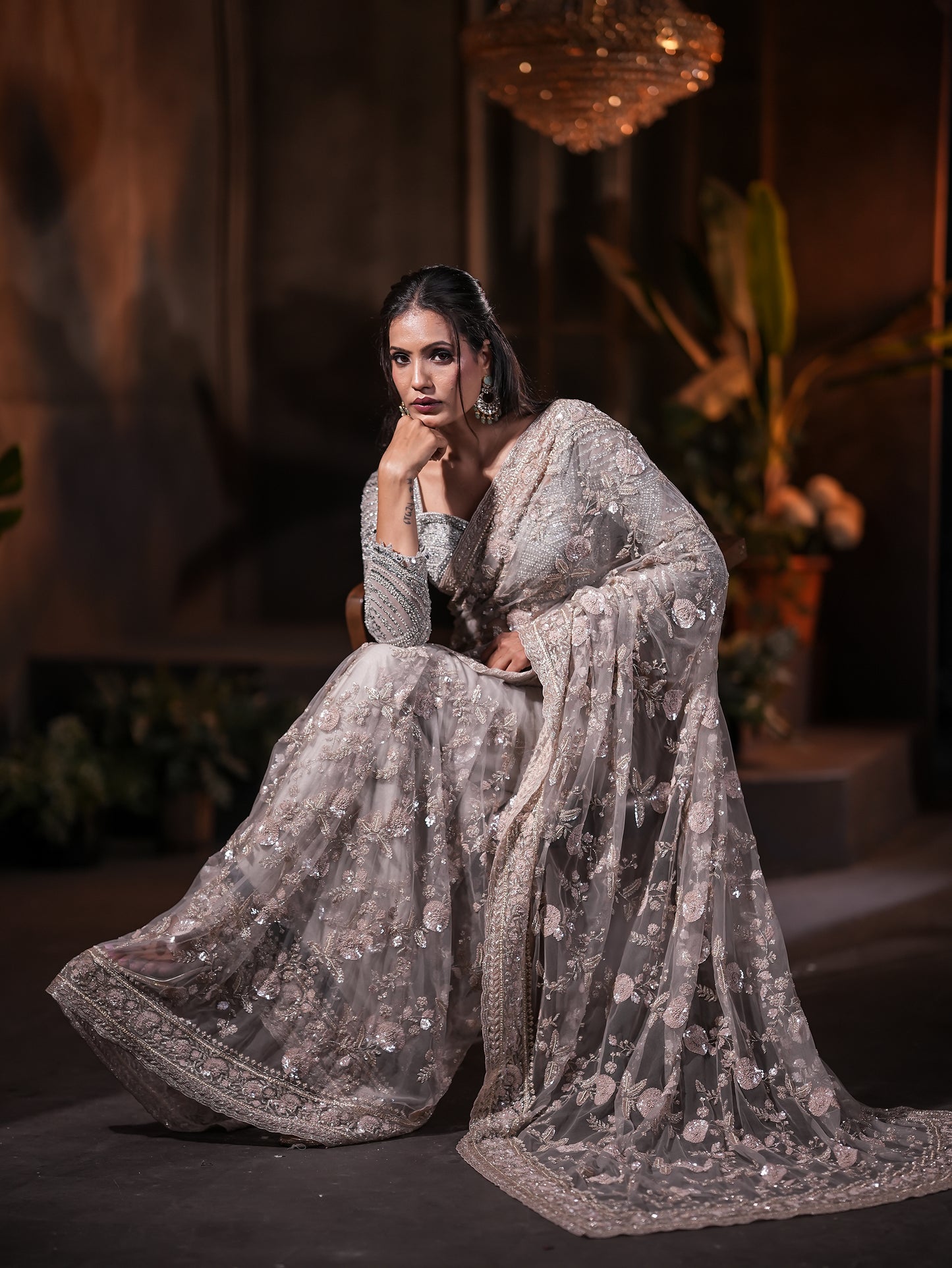 Silver Tissue Organza Saree with Jardosi & Kardana Work