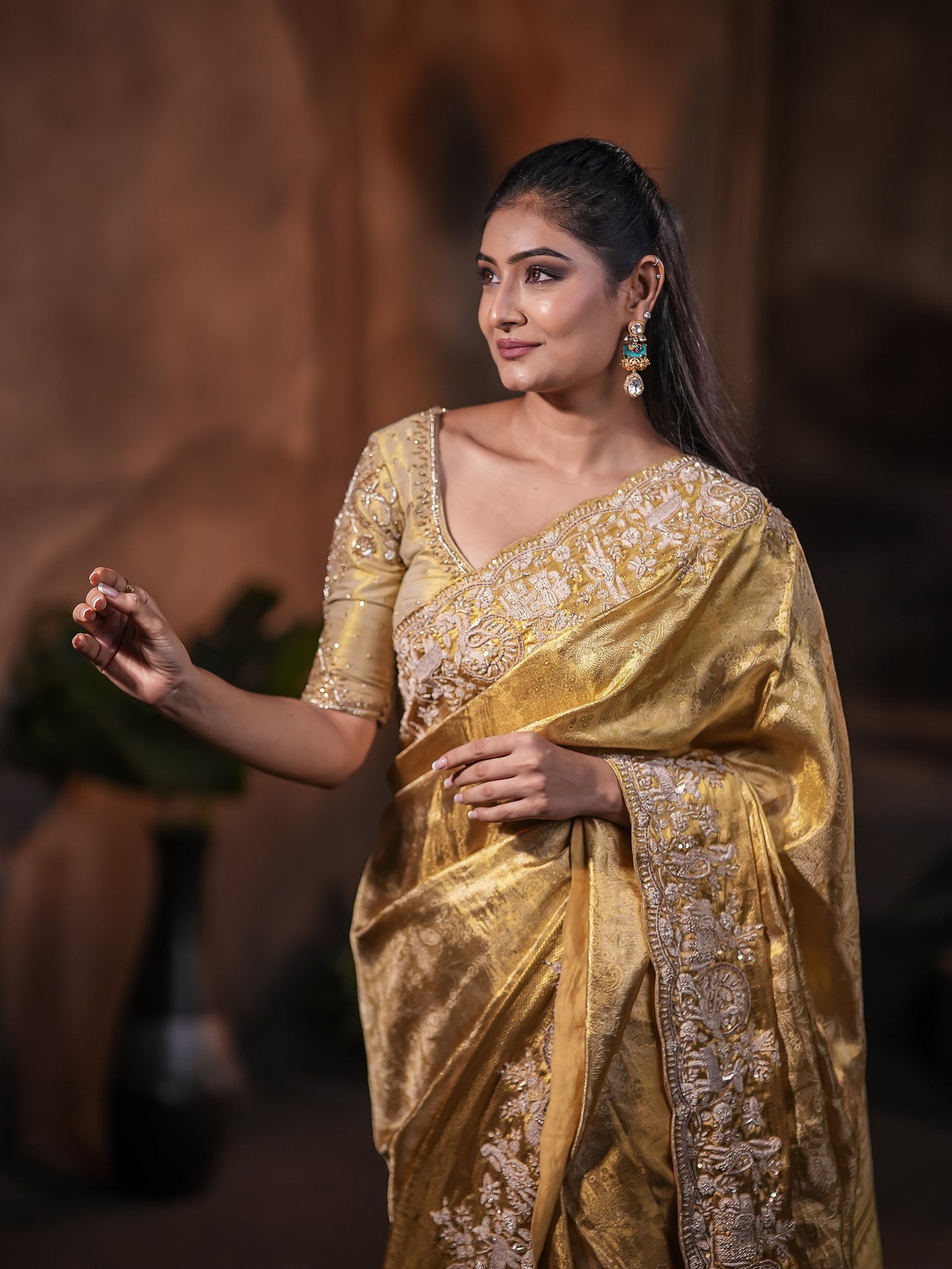Golden Kanjivaram Silk Saree with Heritage Jardosi & Kardana Work