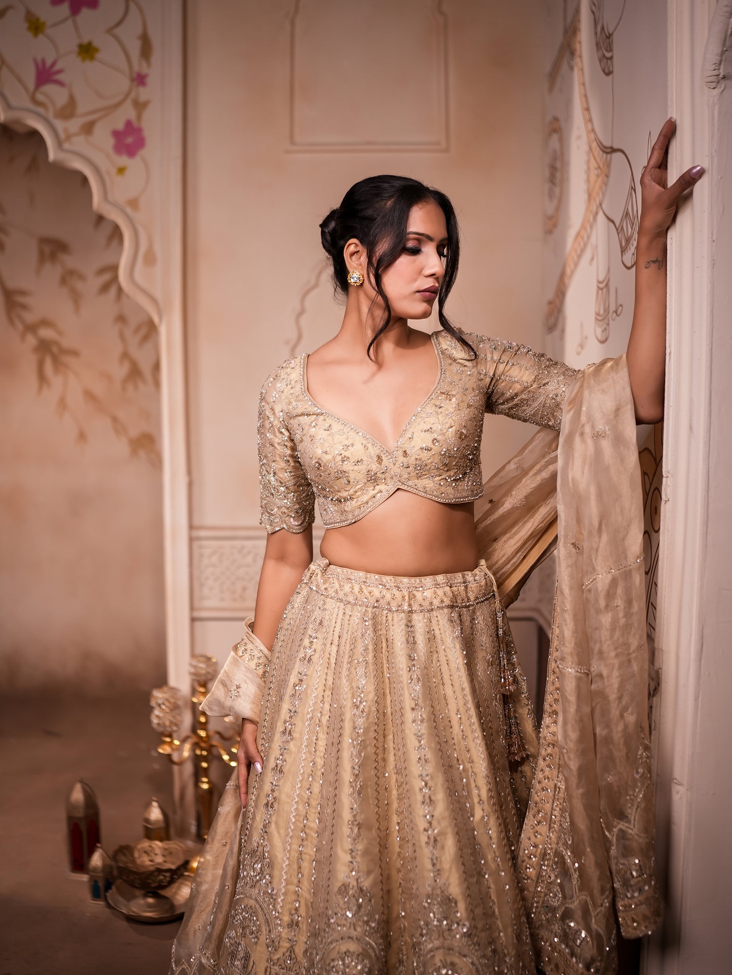 Elegant Tissue Silk Lehenga with Tanchoi & Kardana Work – Stitched Blouse & Single Dupatta