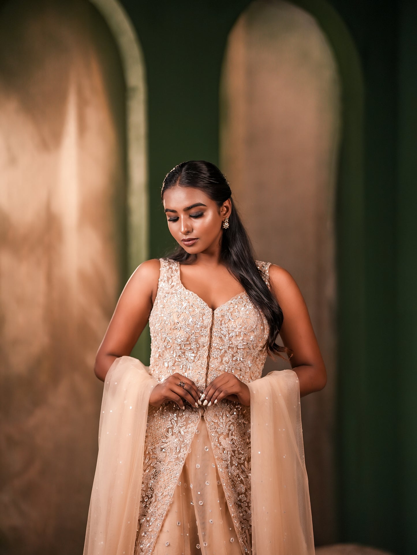 Graceful Organza Silk Gown with Sequin Embellishments & Dupatta