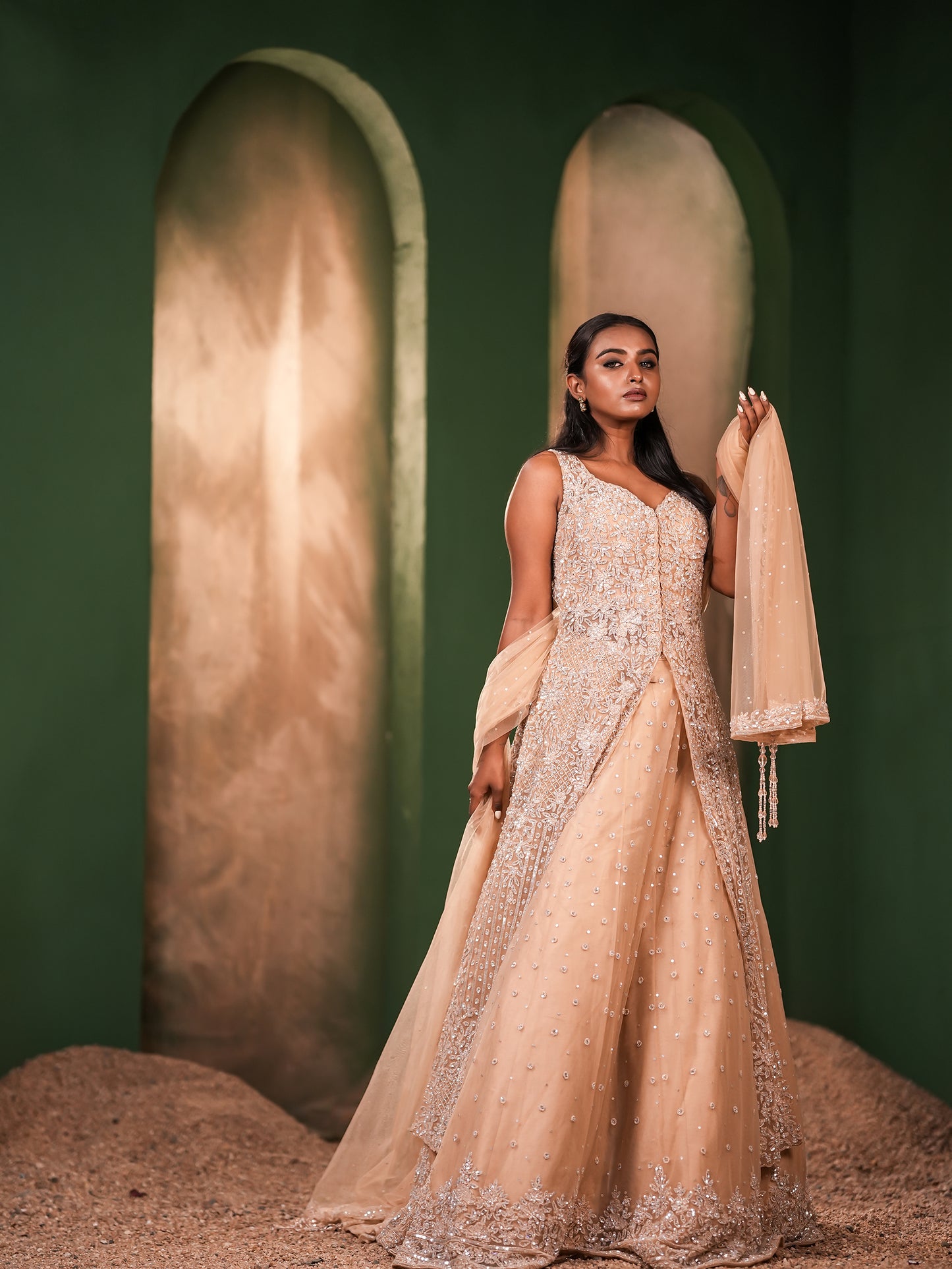 Graceful Organza Silk Gown with Sequin Embellishments & Dupatta