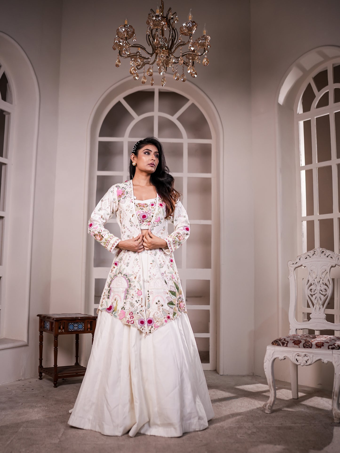 White Raw Silk Lehenga with Thread & Antik Work Jacket