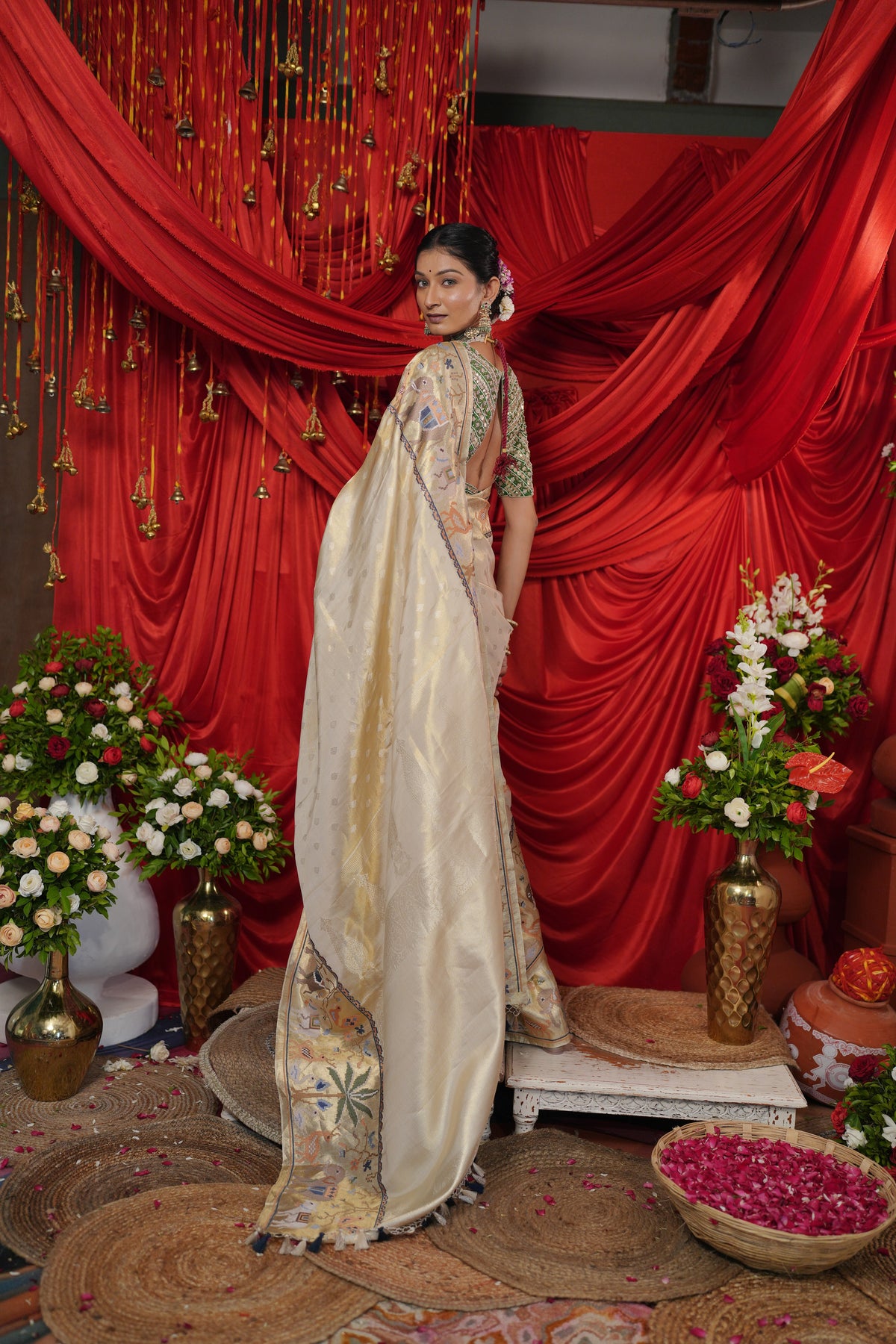 Champagne Gold Floral Printed Saree with Decorative Tassel Border