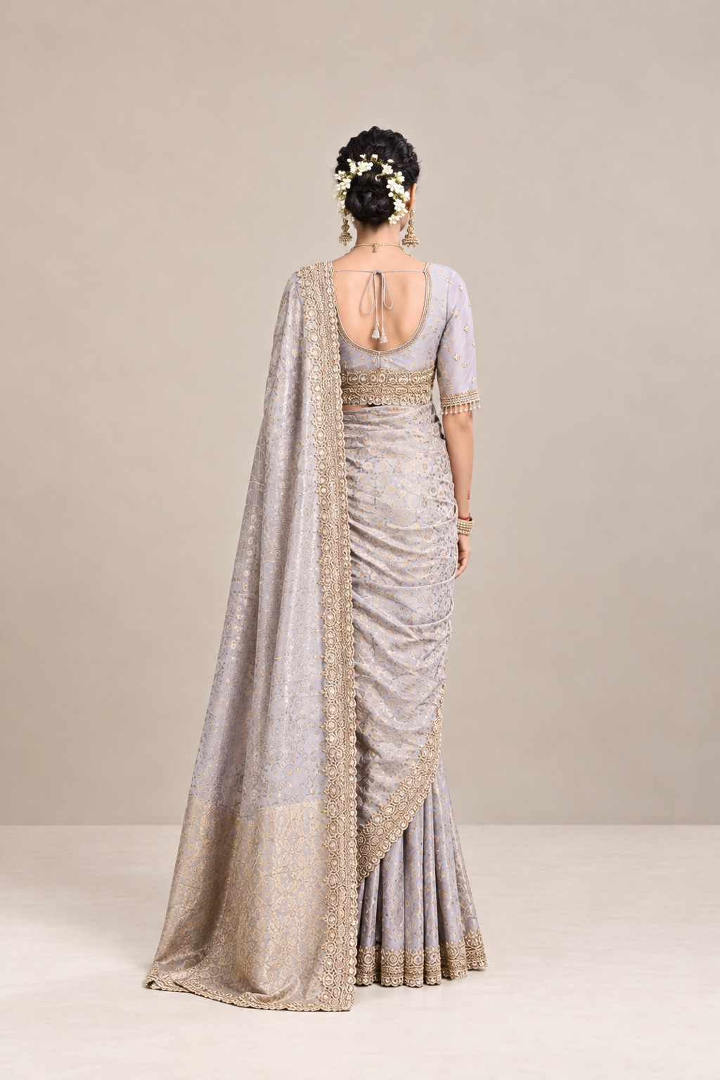 Lavender Silver Floral Woven Silk Saree with Gold Zari Border