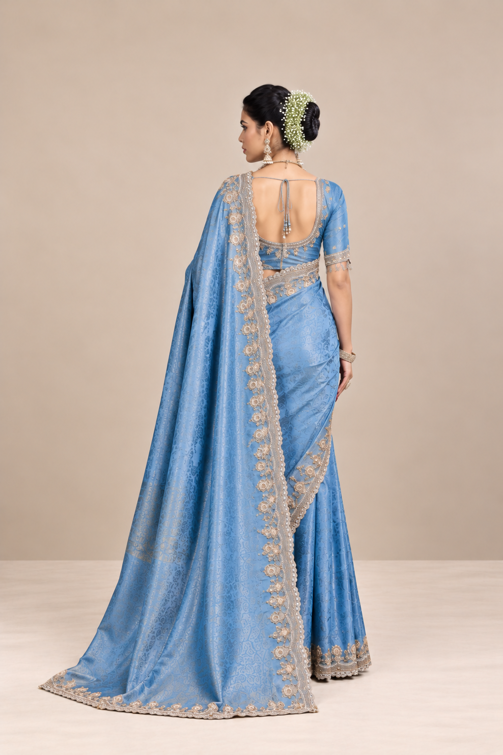 Sky Blue Floral Woven Silk Saree with Embellished Zari Border