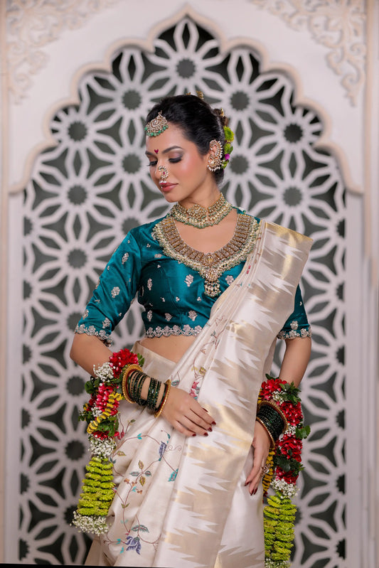 Ivory Elegance Kanjivaram Silk Saree with Resham Cross Stitch Work