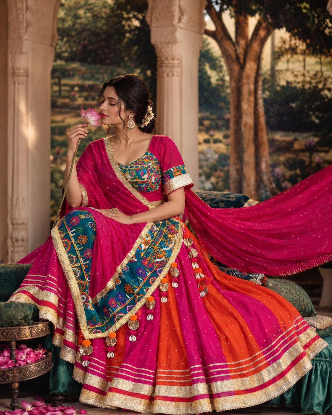 Rani Pink & Orange Floral Lehenga Set