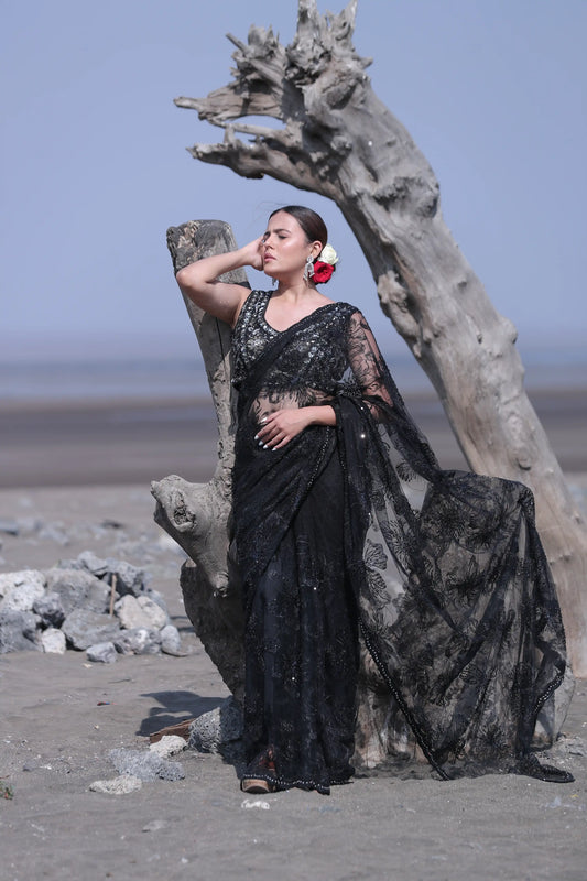 Midnight Noir Net Saree with Sequins & Self Pearl Work