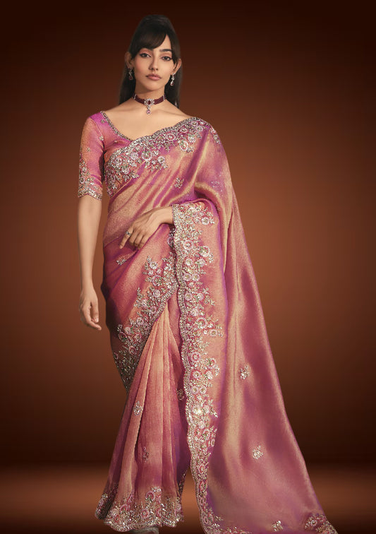 Pink Tissue Organza Saree with Sequin & Resham Work