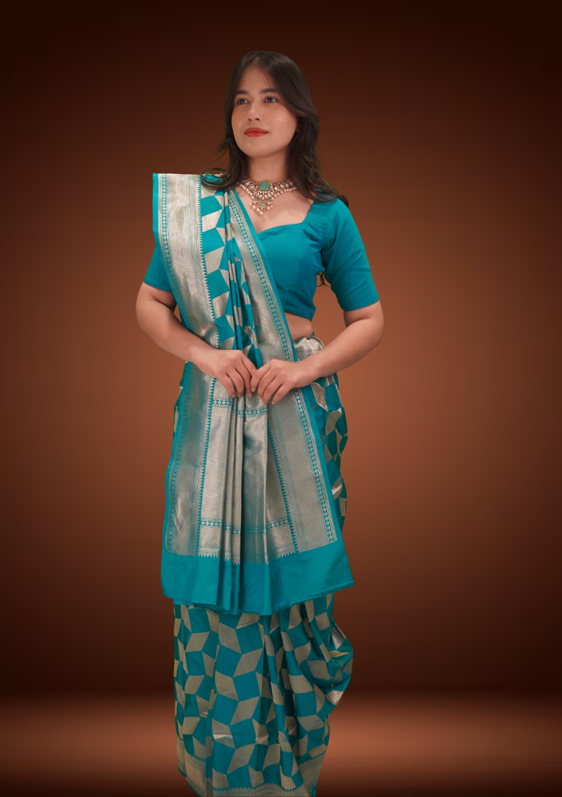 Teal Elegance Banarasi Silk Saree with Geometrical Jaal