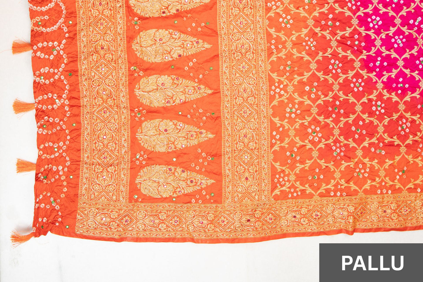 Mustard Bandhani Silk Saree with Handwork & Zari Border