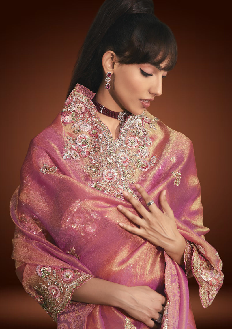 Pink Tissue Organza Saree with Sequin & Resham Work