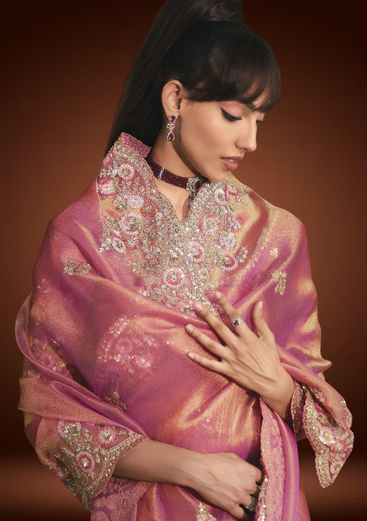 Pink Tissue Organza Saree with Sequin & Resham Work