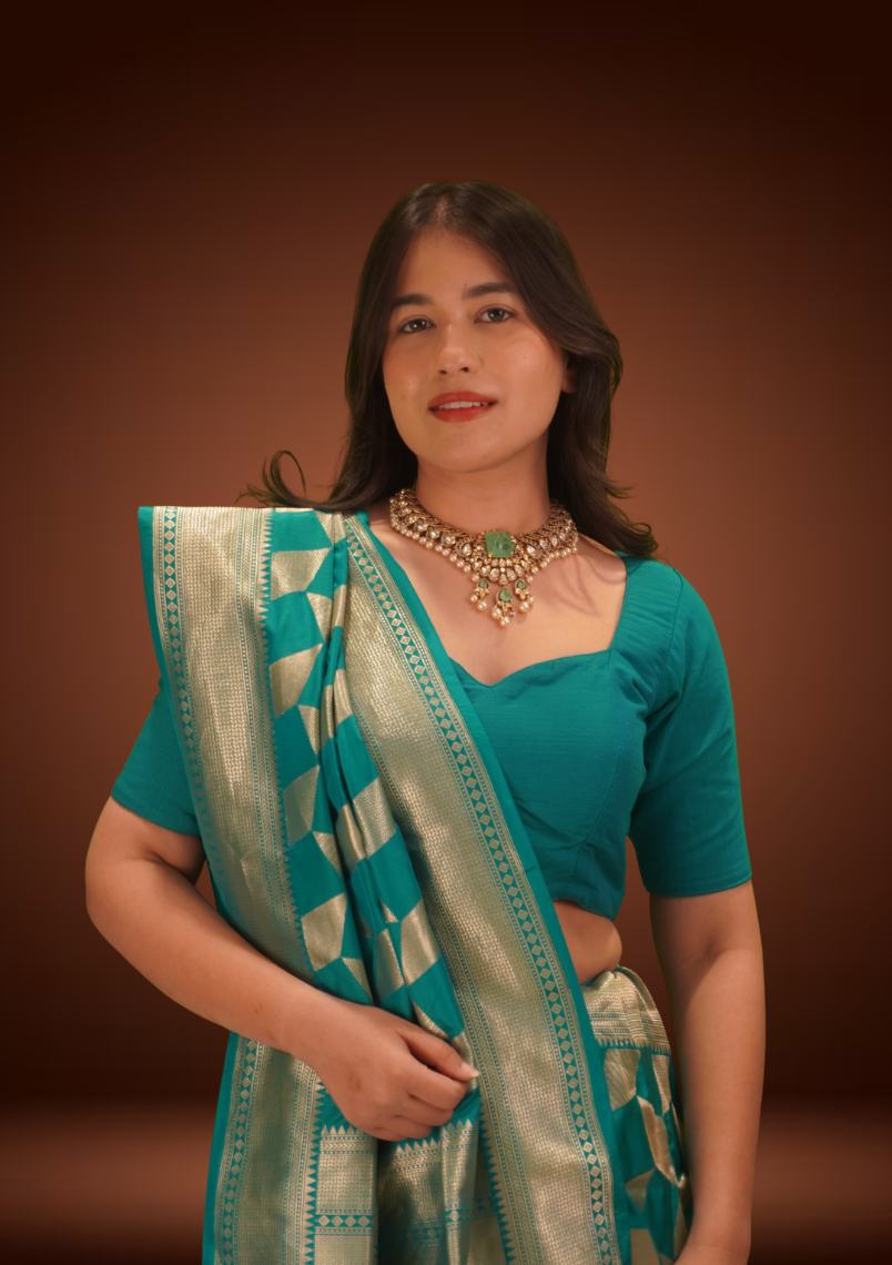 Teal Elegance Banarasi Silk Saree with Geometrical Jaal