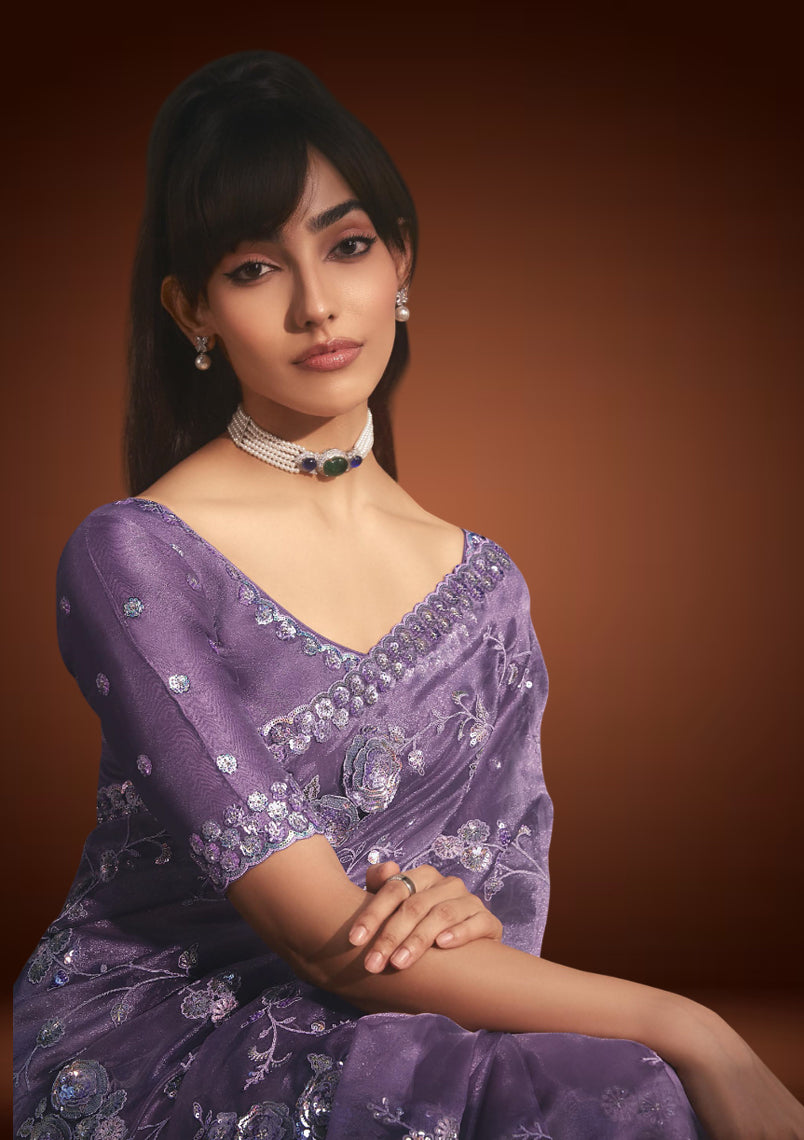 Purple Tissue Organza Saree with Sequin & Resham Work