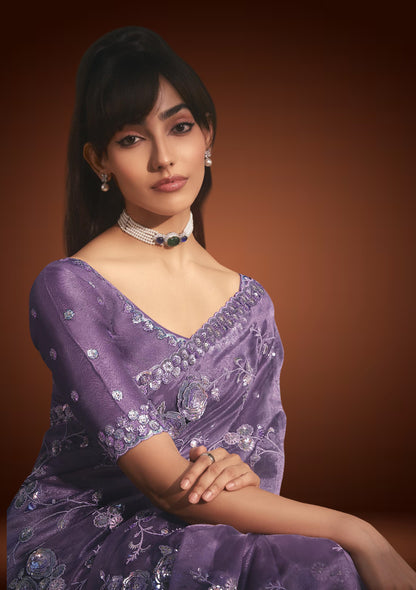Purple Tissue Organza Saree with Sequin & Resham Work