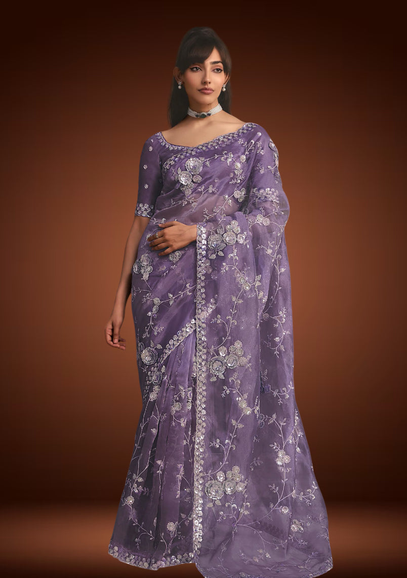 Purple Tissue Organza Saree with Sequin & Resham Work