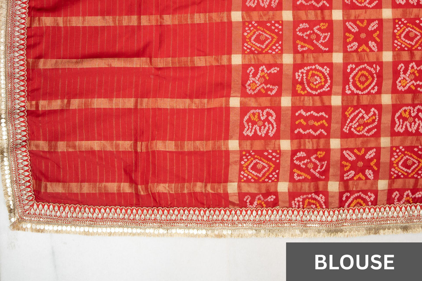 Rust Red Ghar Chola Bandhani Chiffon Saree with Fancy Border