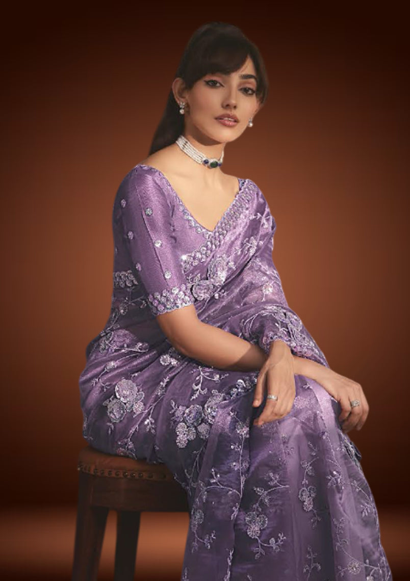 Purple Tissue Organza Saree with Sequin & Resham Work
