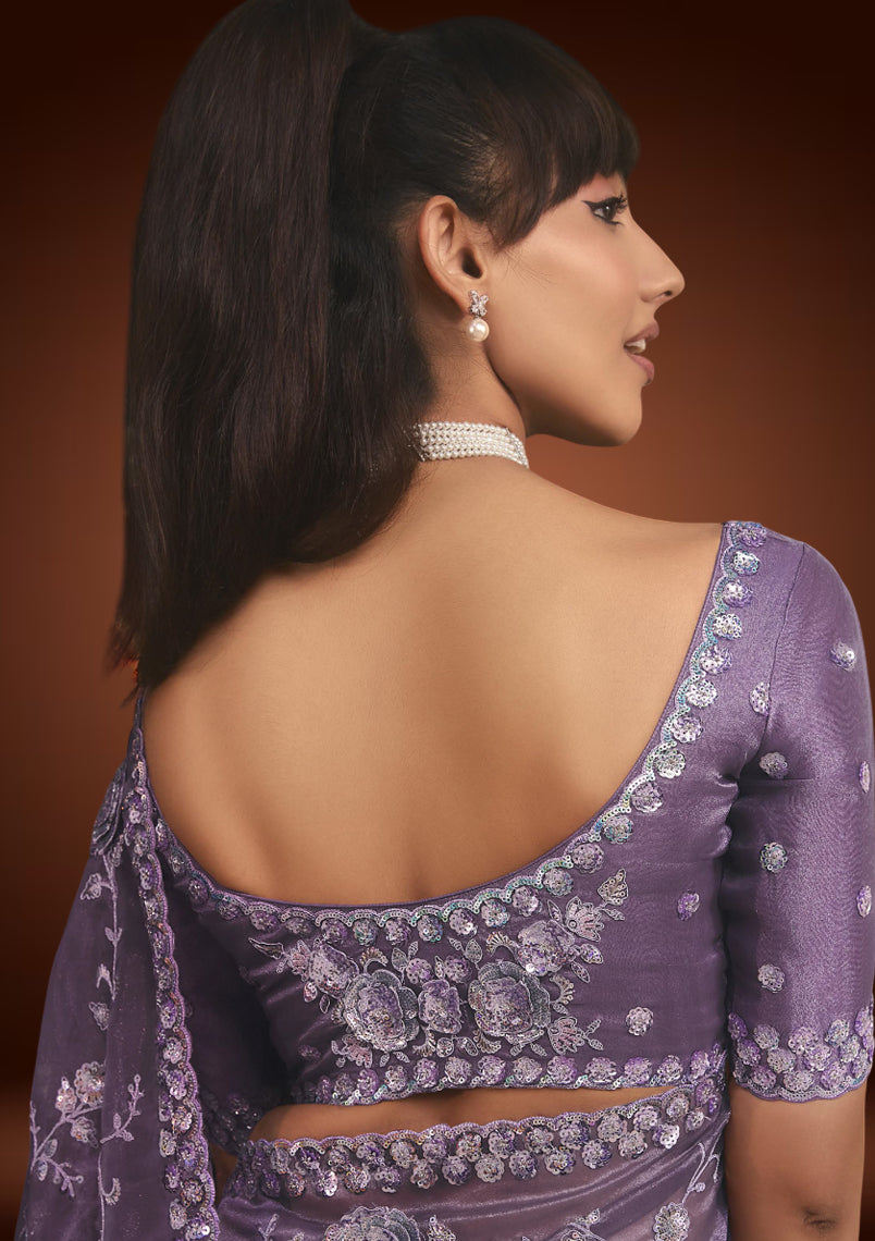 Purple Tissue Organza Saree with Sequin & Resham Work