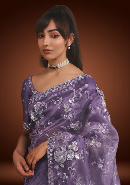 Purple Tissue Organza Saree with Sequin & Resham Work
