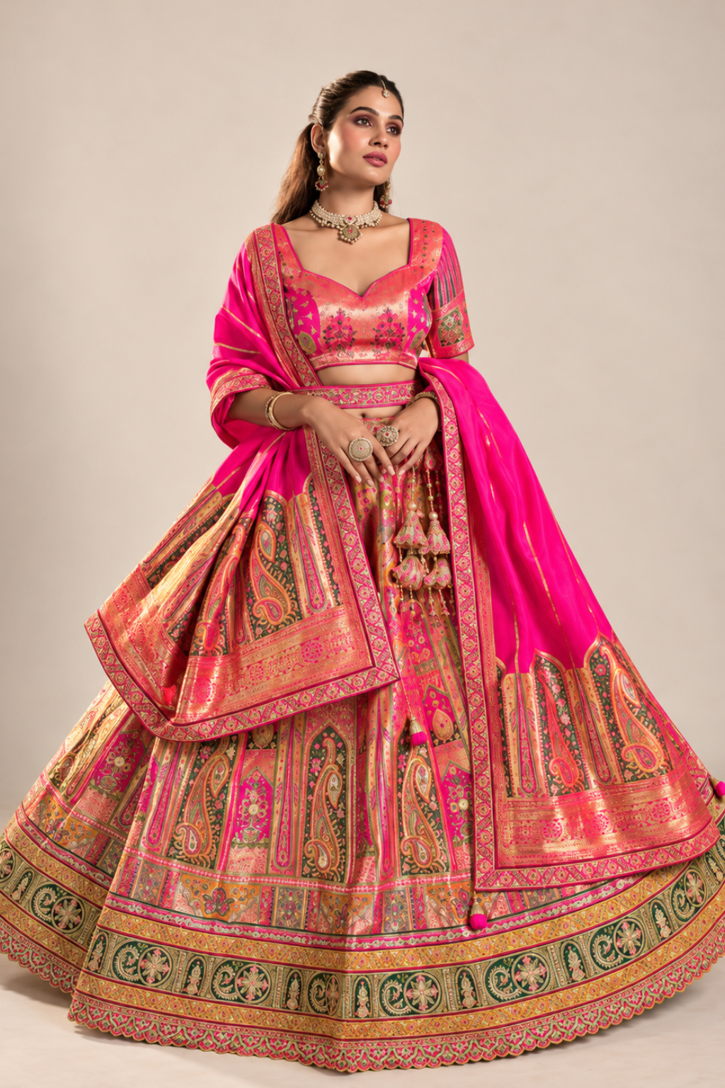 Royal Pink Gold Designer Lehenga Set with Magenta Dupatta