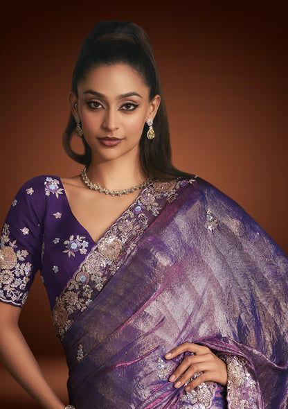 Lavender Purple Tissue Organza Saree with Sequins Detailing