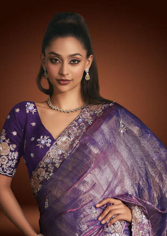 Lavender Purple Tissue Organza Saree with Sequins Detailing