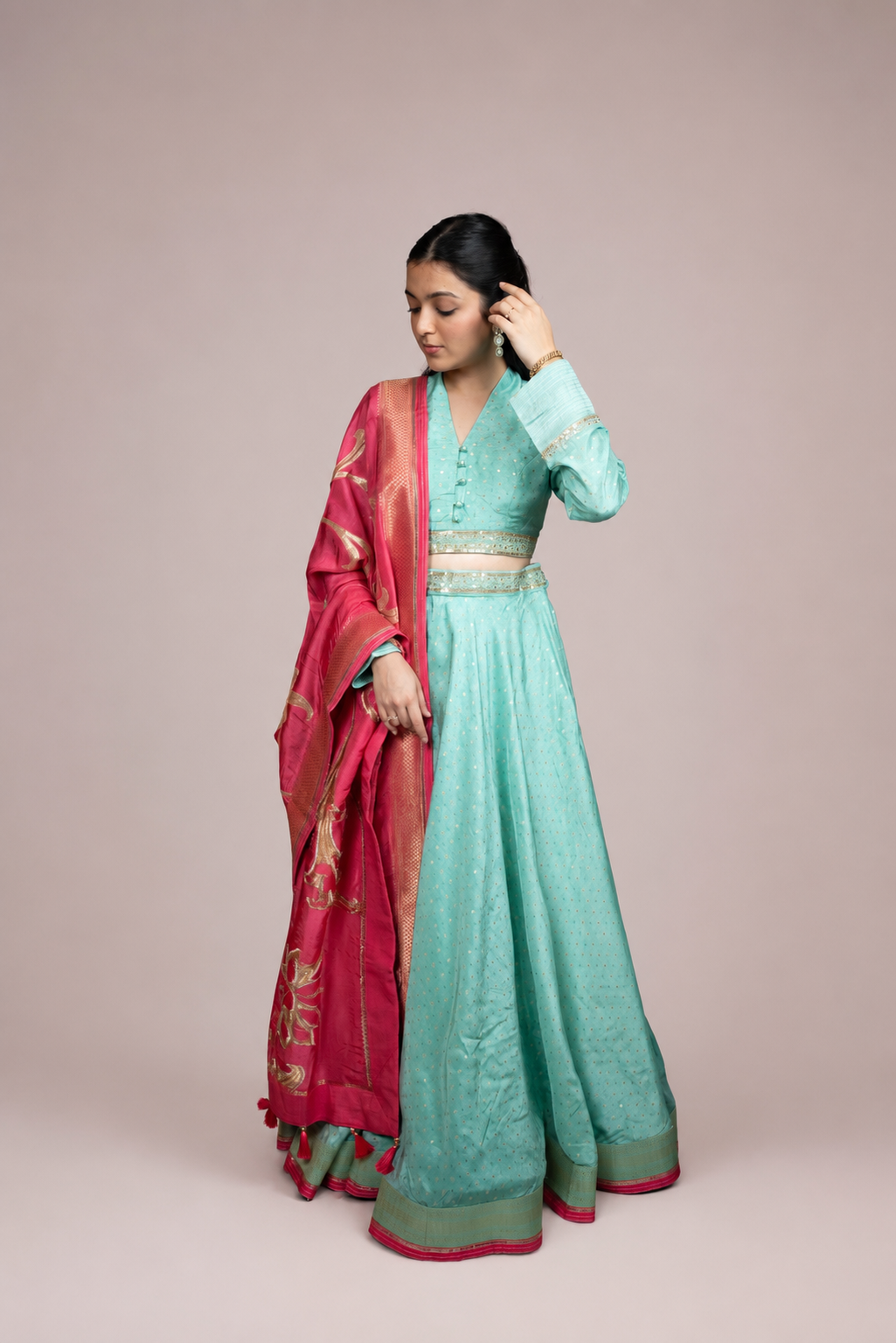 Aqua Blue Embroidered Lehenga Set with Rani PInk Banarasi Dupatta