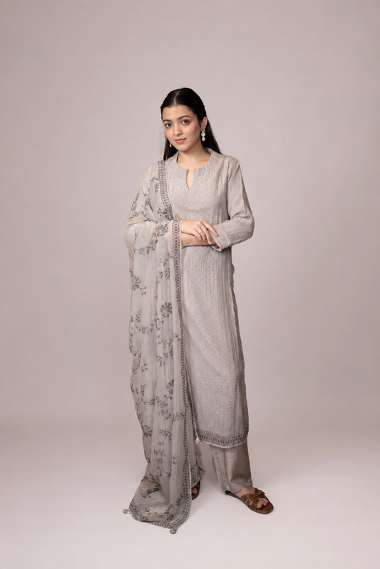 Pearl Mist Embroidered Straight Suit Set with Dupatta