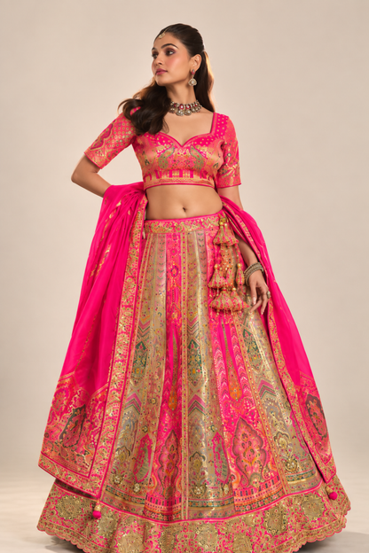 Royal Pink Gold Traditional Lehenga Set
