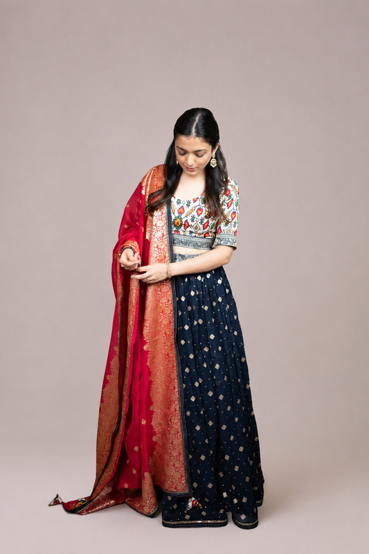 Navy Blue Printed Lehenga Set with Rani Pink Banarasi Dupatta