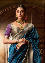 Load image into Gallery viewer, Blue Banarasi Silk Saree with Golden Zari Border
