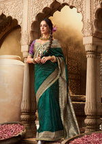 Load image into Gallery viewer, Green Banarasi Silk Saree with Golden Zari Work
