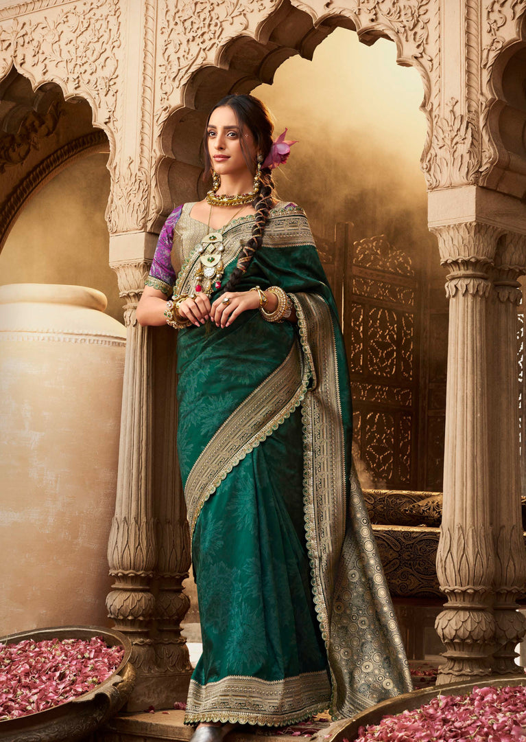 Green Banarasi Silk Saree with Golden Zari Work