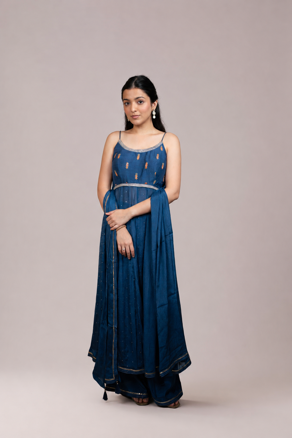 Midnight Blue Embellished Spaghetti Strap Anarkali Suit Set with Dupatta