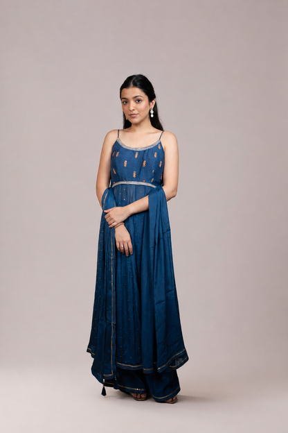 Midnight Blue Embellished Spaghetti Strap Anarkali Suit Set with Dupatta