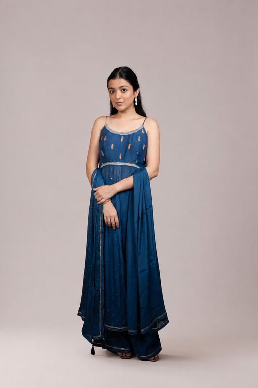 Midnight Blue Embellished Spaghetti Strap Anarkali Suit Set with Dupatta