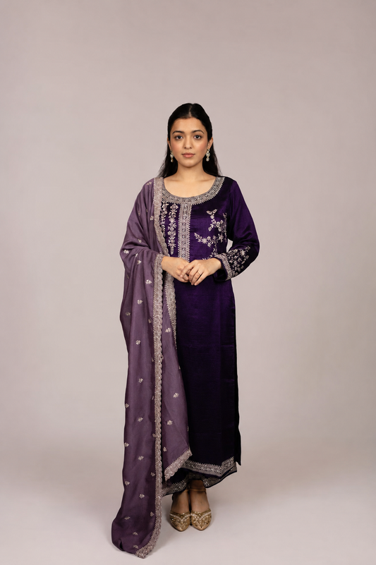 Royal Plum Embroidered Silk Blend Straight Suit Set with Dupatta