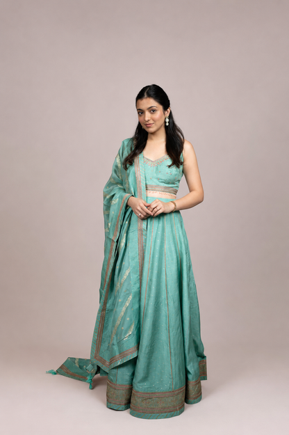 Aqua Blue Embellished Lehenga Set with Banarasi Dupatta