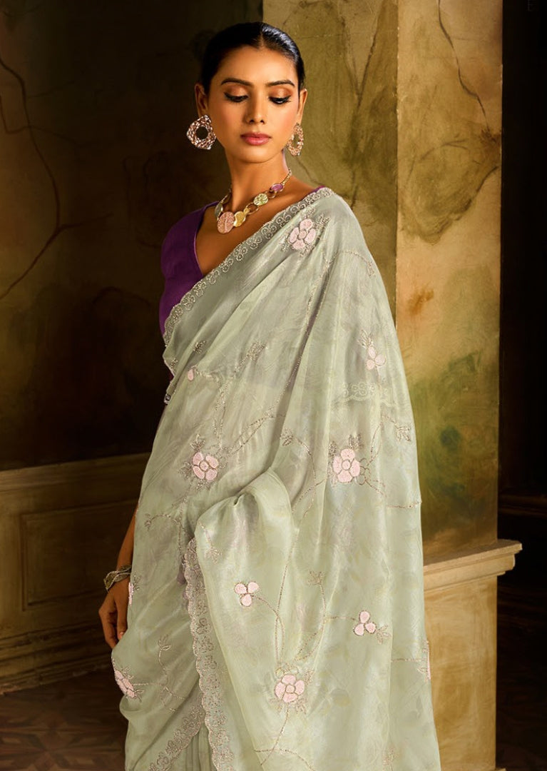 Mint Green Organza Saree with Floral Embroidery