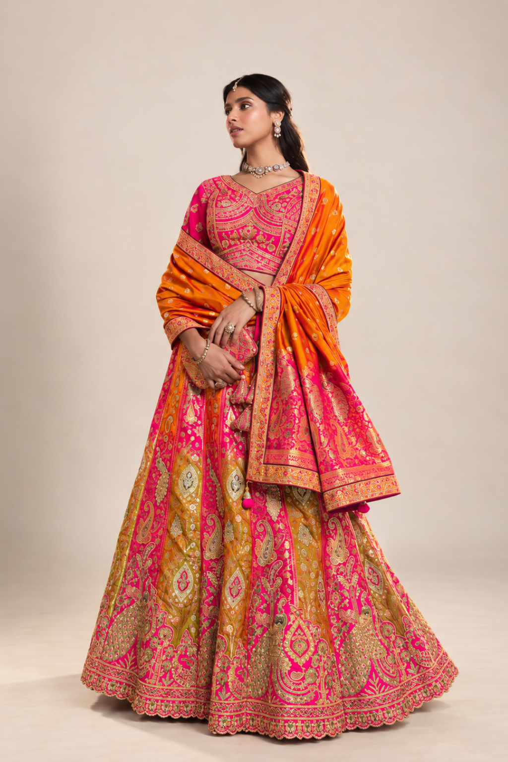 Royal Pink Orange Gold Printed Lehenga Set