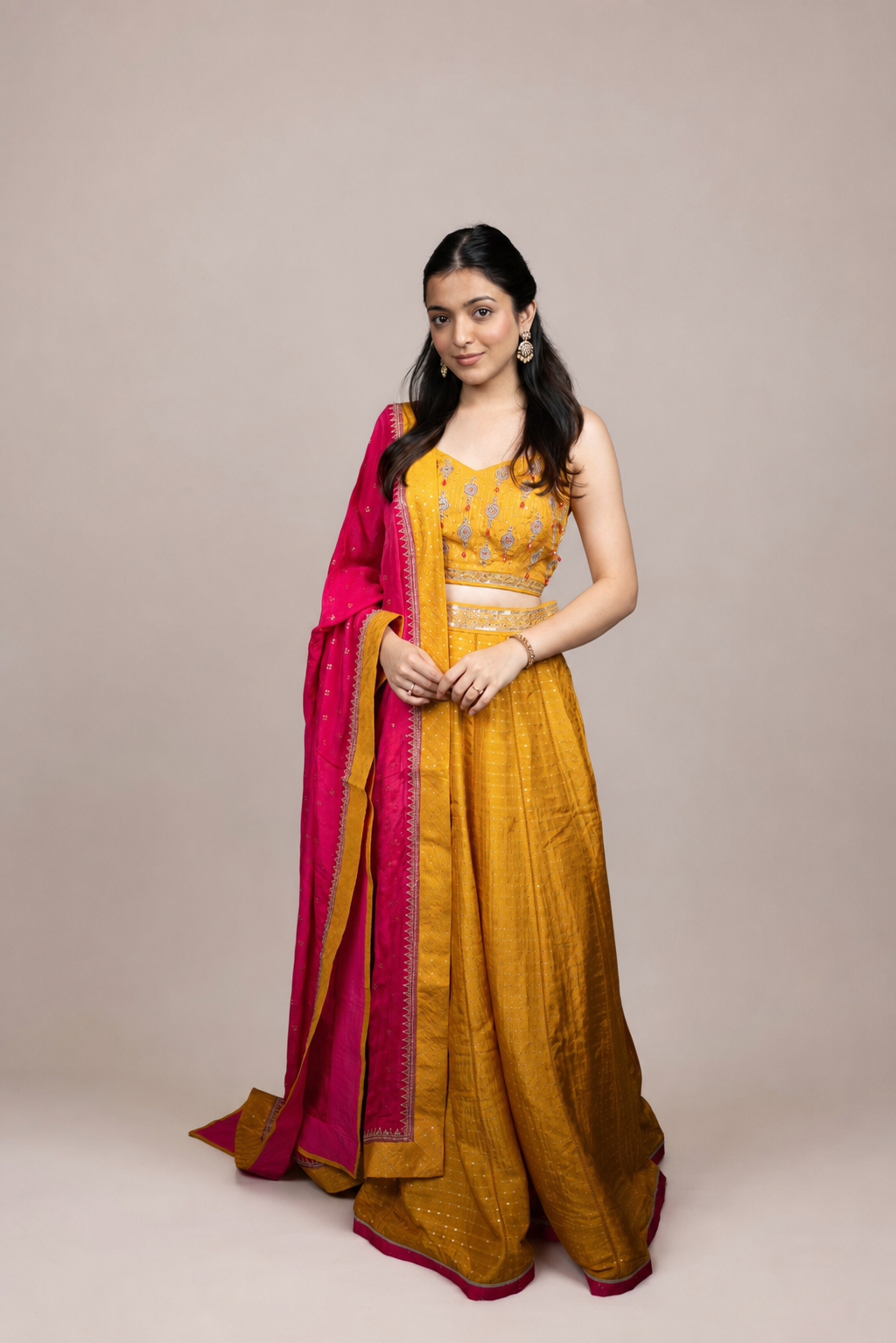 Mustard Yellow Embroidered Lehenga Set with Rani Pink Dupatta