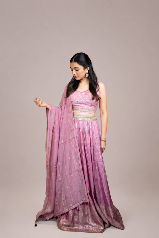 Blush Pink Zari Woven Silk Lehenga Set with Matching Dupatta