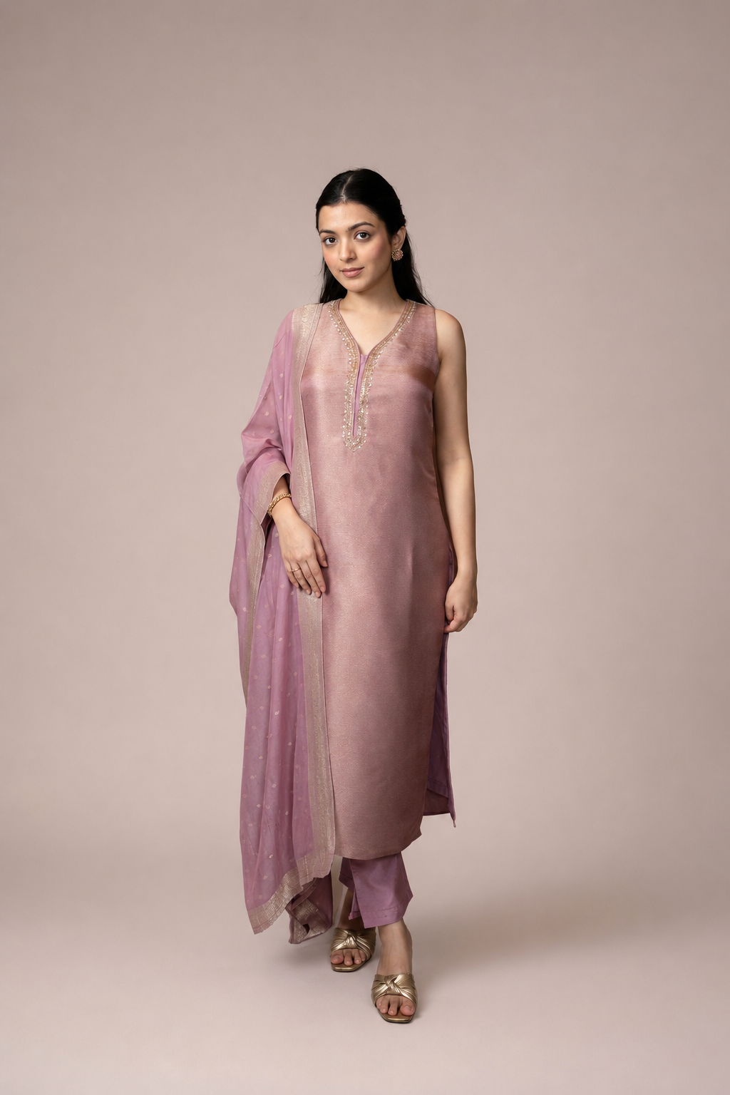 Blush Rose Embellished Straight Suit Set with Dupatta