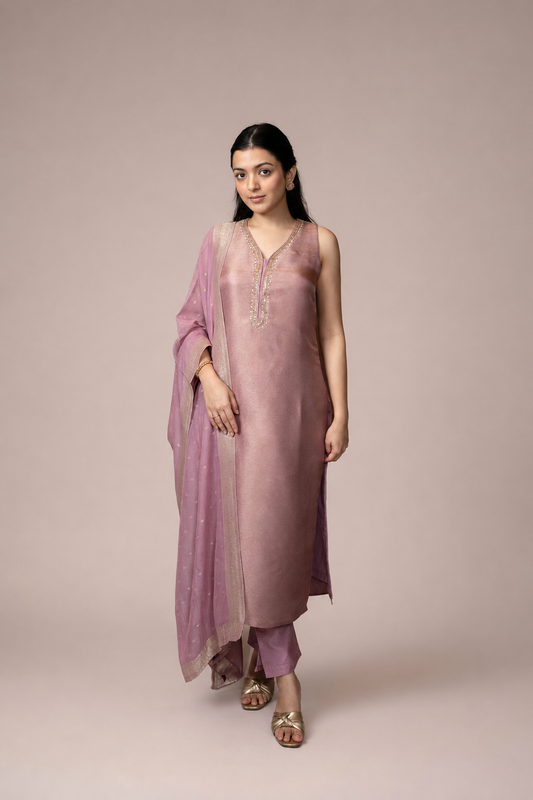 Blush Rose Embellished Straight Suit Set with Dupatta